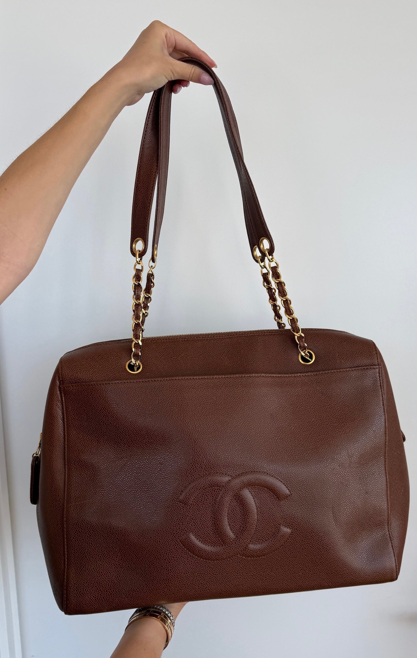 Chanel Vintage Light Brown Caviar CC Logo XL Shoulder Tote Bag with 24K Gold Plated Hardware