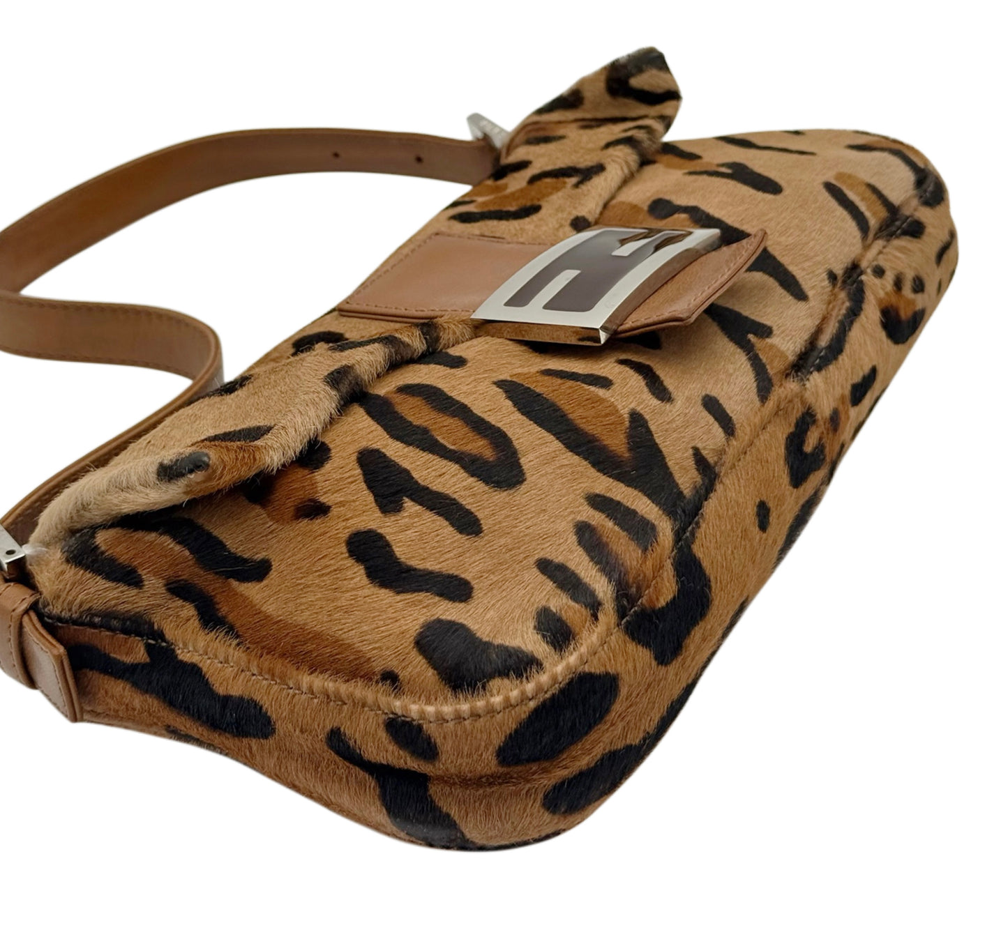 Fendi Vintage Beige Leopard Print Pony Hair Shoulder Baguette Bag