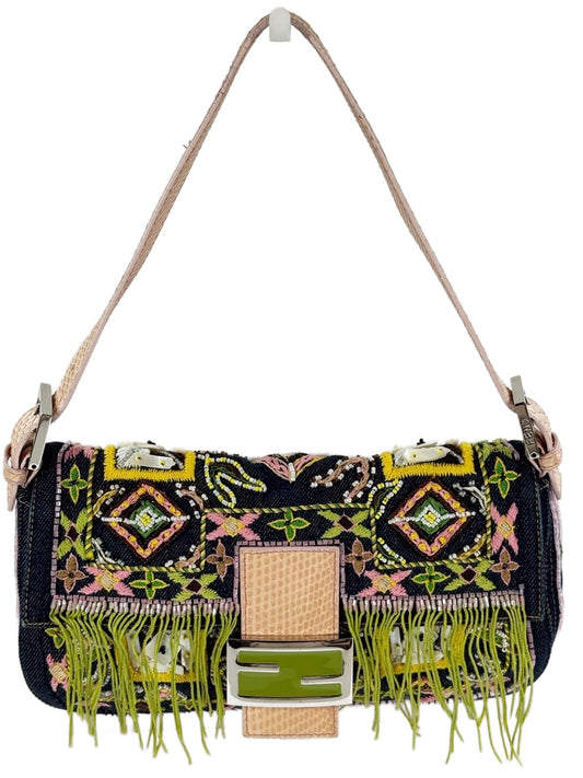 Fendi Vintage Blue Denim Pink Lizard Trim Green Fringe Beaded Embroidered Shoulder Baguette Bag