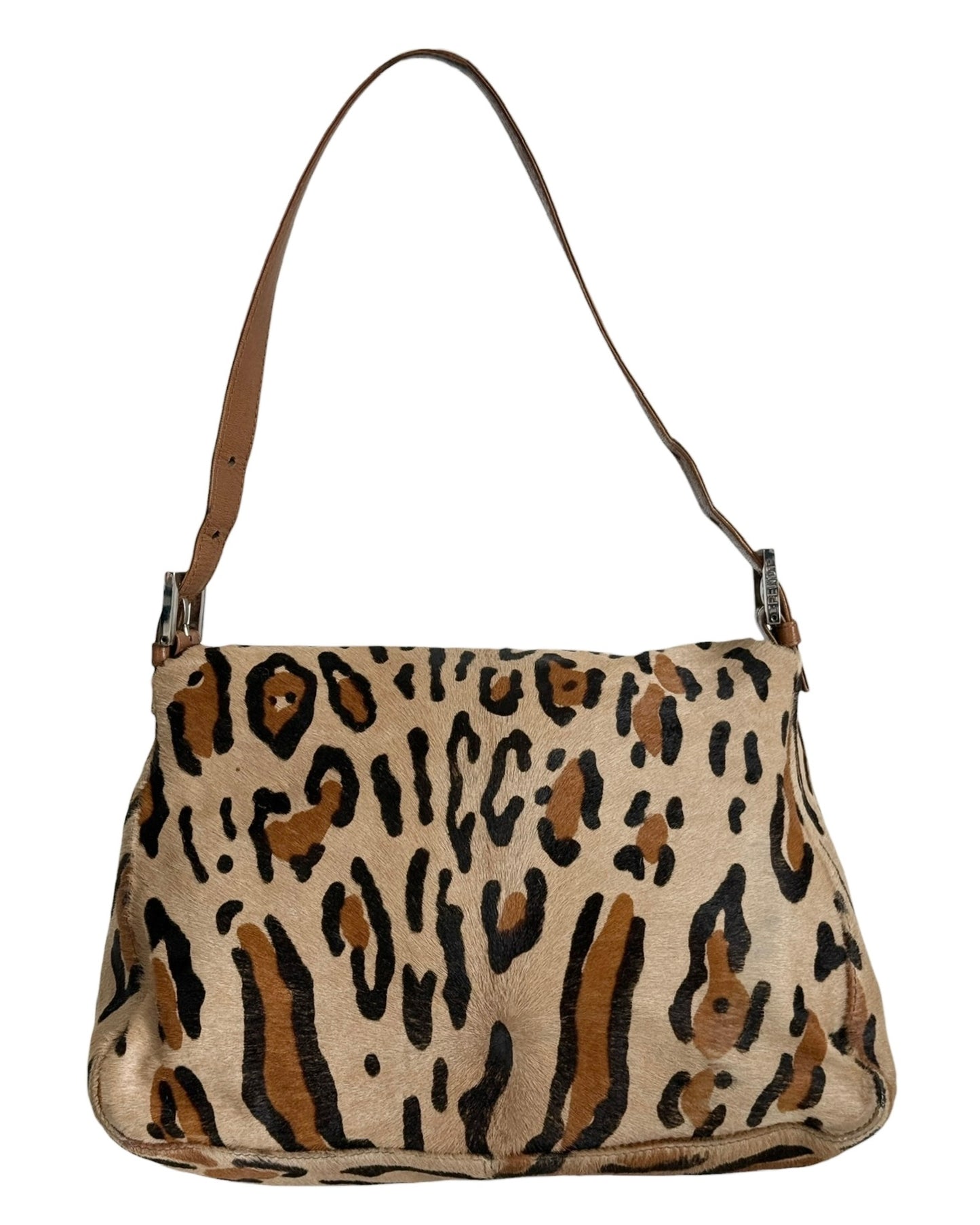 Fendi Vintage Light Brown Leopard Print Pony Hair Mamma Baguette Shoulder Bag