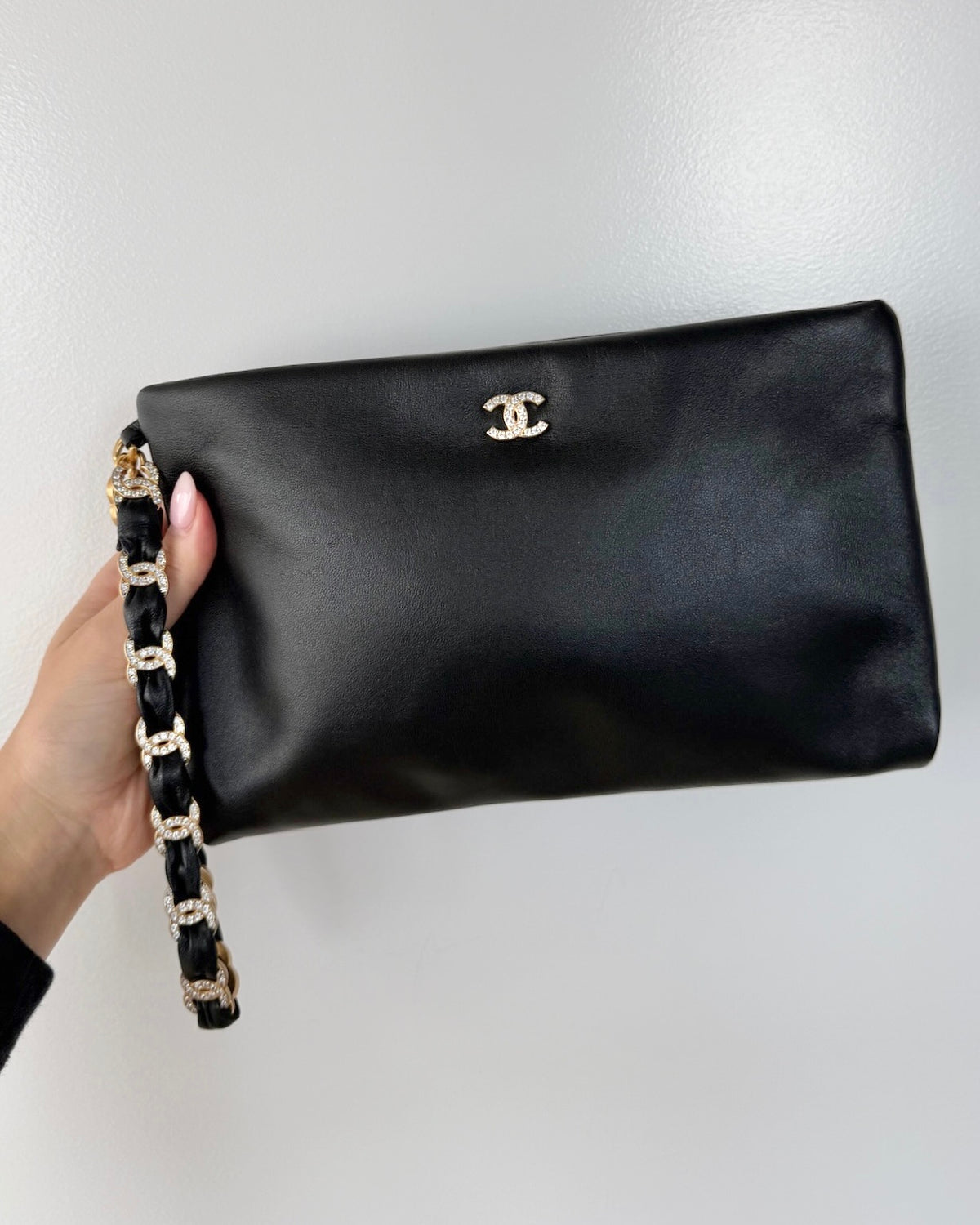 Chanel 2024 Black Lambskin Wristlet Evening Clutch with Rhinestone Crystal CC Logos