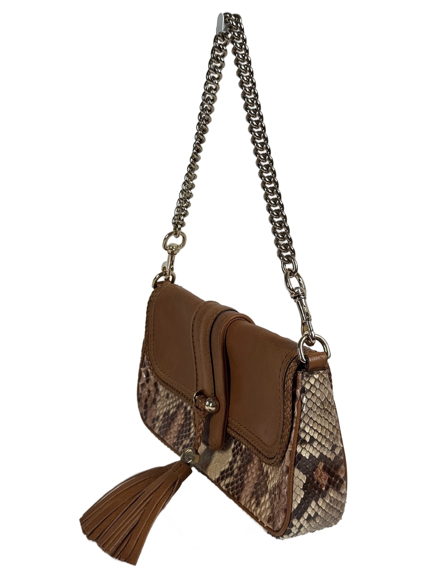 Gucci Vintage Honey Brown Leather Python Snakeskin Marrakech Chain Tassel Shoulder Clutch Pochette Bag
