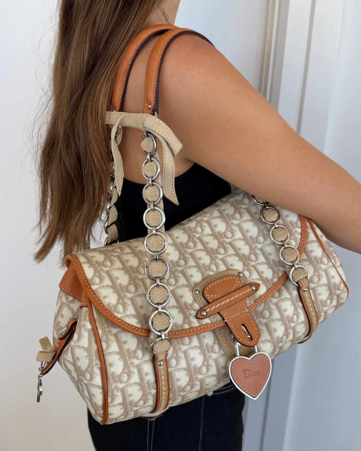 Dior Vintage 2006 Beige Monogram Canvas Romantique Heart Charm Medium Pochette Shoulder Bag