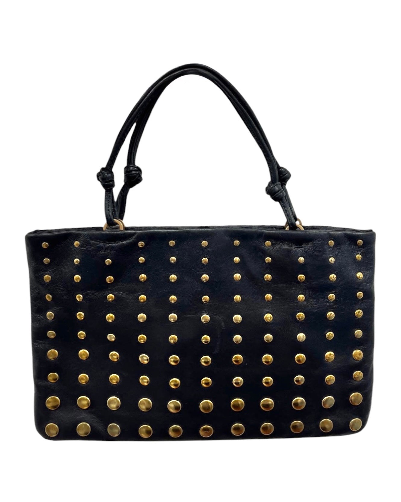 Prada Vintage Black Lambskin Gold Studded Mini Top Handle Pochette