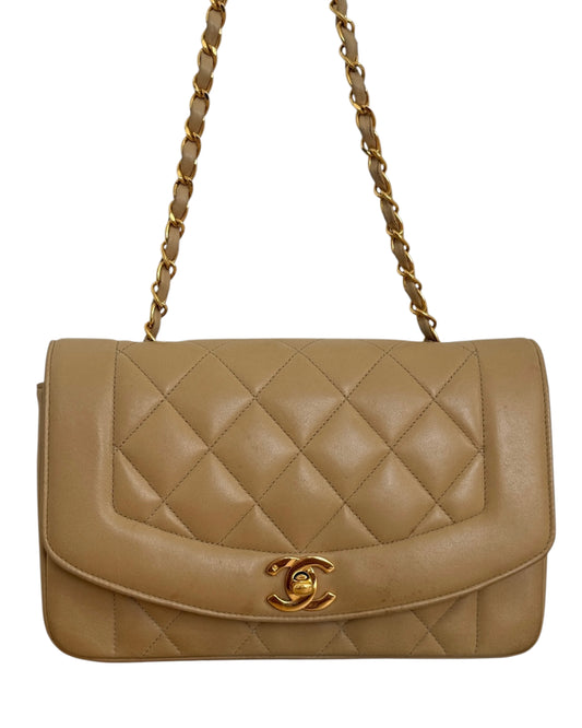 Chanel Vintage 90s Beige Quilted Lambskin Small Diana Classic Flap Bag with 24K GPHW