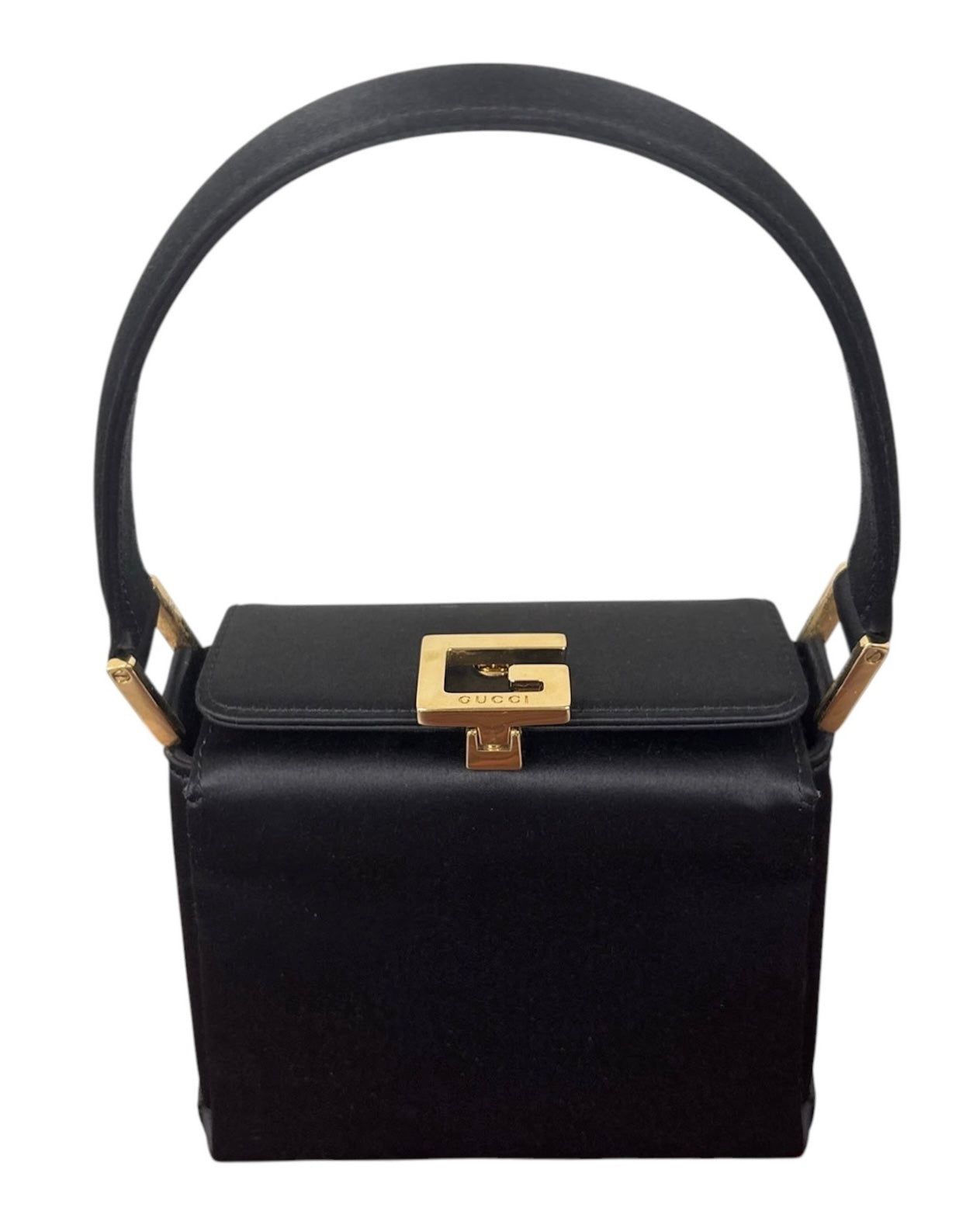 Gucci Vintage 90s Black Satin Gold Logo Mini Bento Box Evening Bag