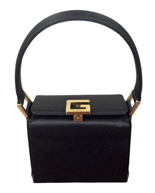 Gucci Vintage 90s Black Satin Gold Logo Mini Bento Box Evening Bag