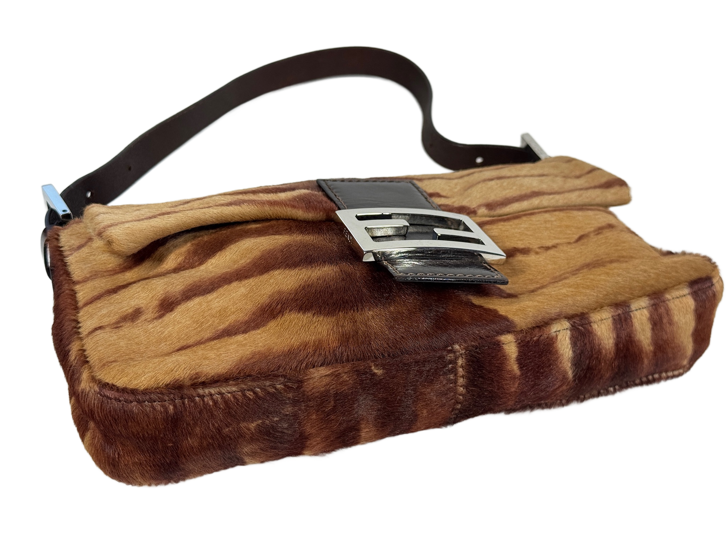Fendi Vintage Brown Giraffe Print Pony Hair Shoulder Baguette Bag