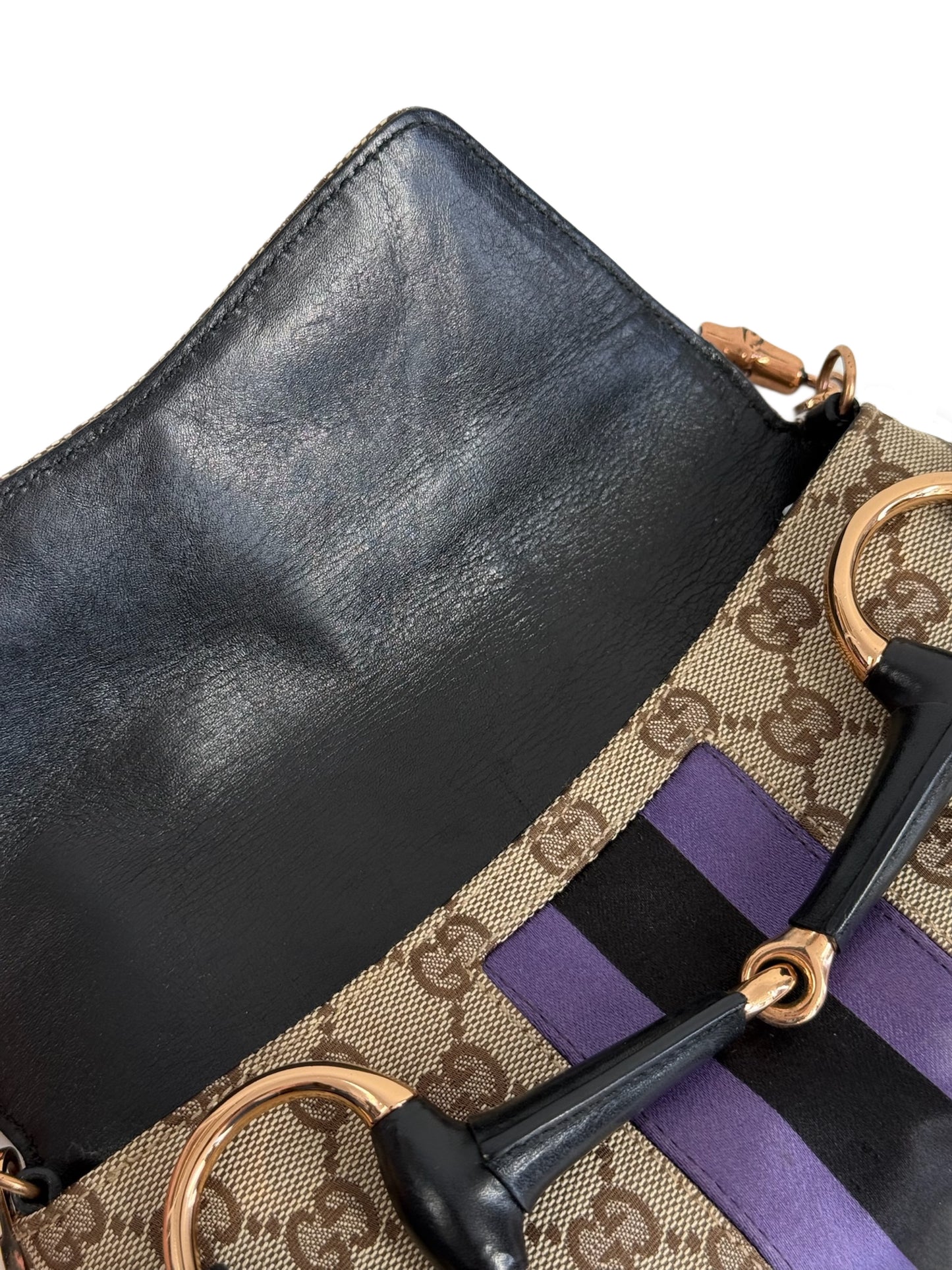 Gucci Vintage Brown GG Monogram Horsebit Purple & Black Satin Striped Rose Gold Bamboo Chain Small Shoulder Clutch Bag