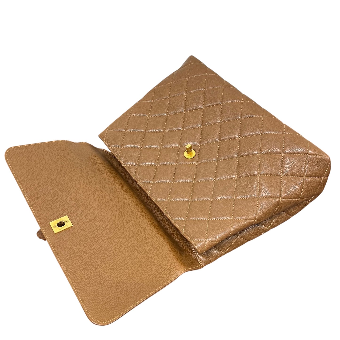 Chanel Vintage 90s Light Brown Quilted Caviar Medium Kelly Top Handle Flap Bag with 24K GPHW 