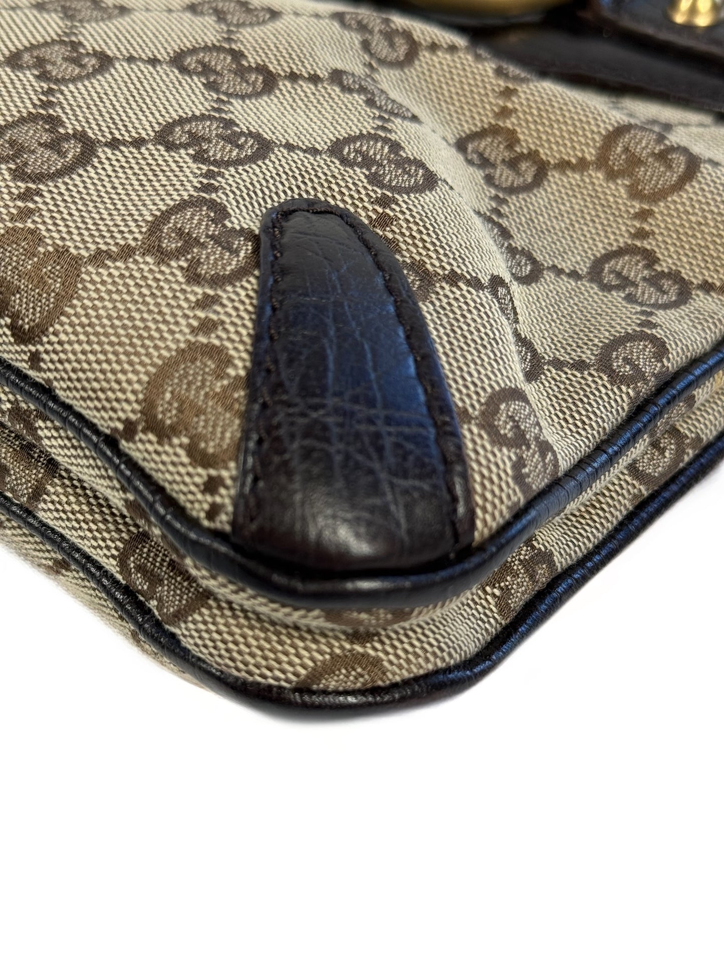 Gucci Vintage Brown GG Monogram Brown Leather Trim Horsebit Small Shoulder Tote Bag