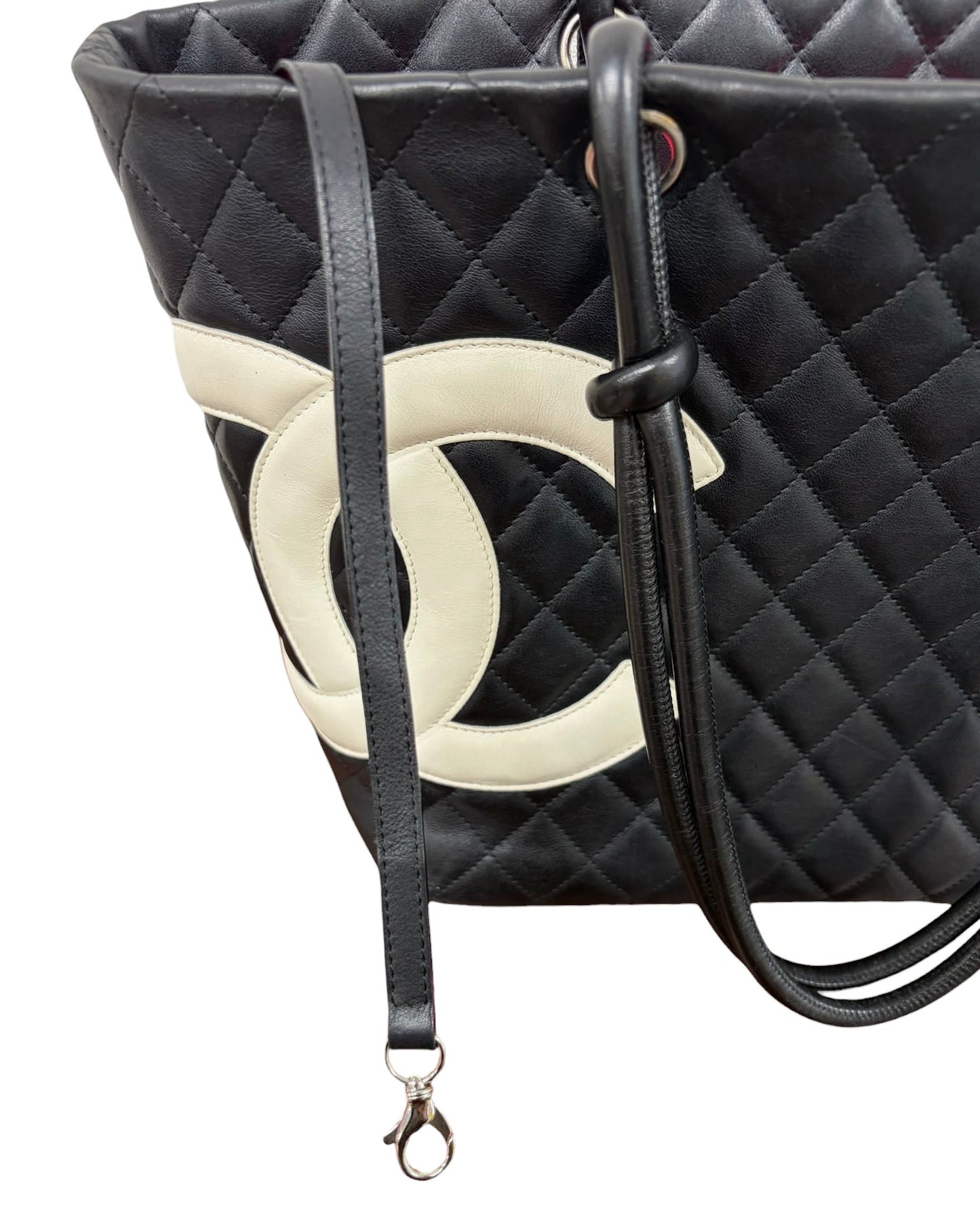 Chanel Vintage 00s Black & White Quilted Lambskin Large CC Cambon Shoulder Tote Bag