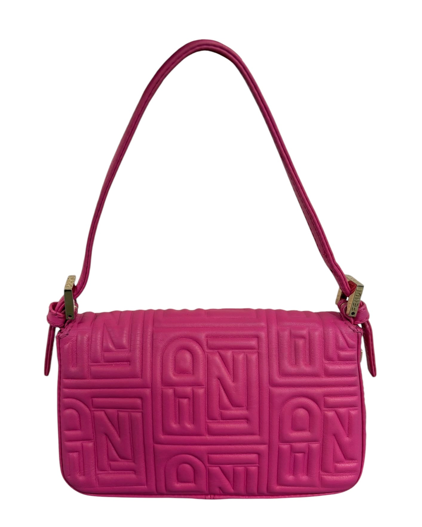 Fendi Pink Embossed Nappa Leather Logo Mini Shoulder Baguette Bag