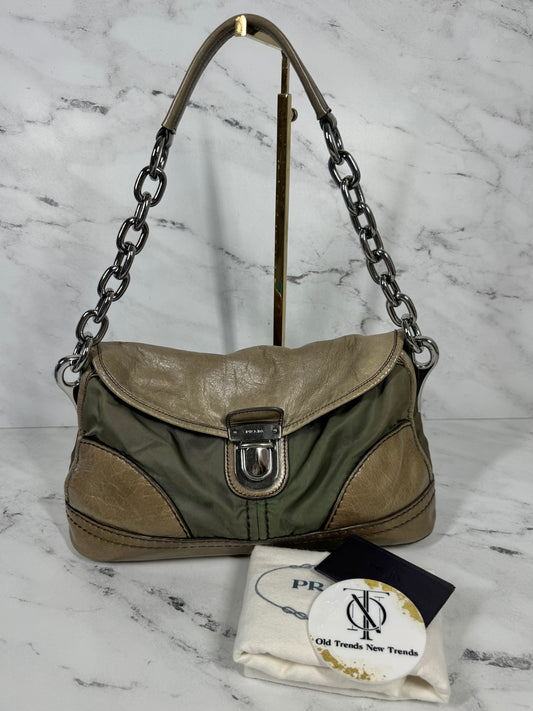 Prada Vintage Fumo Khaki Green Nylon & Leather Chain Link Shoulder Bag