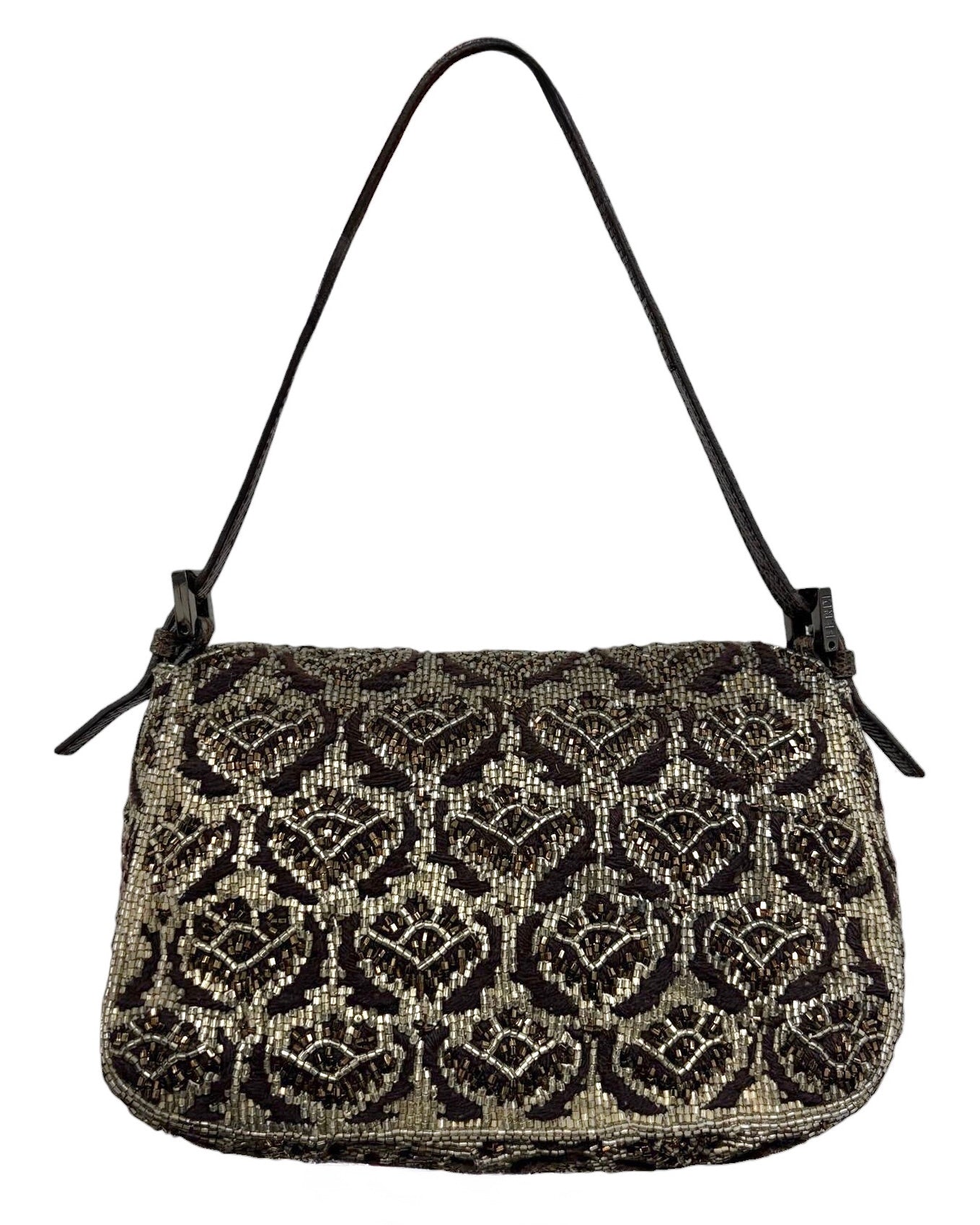 Fendi Vintage Brown Beaded Floral Embroidered Crystal Lizard Trim Mini Mamma Shoulder Baguette Bag