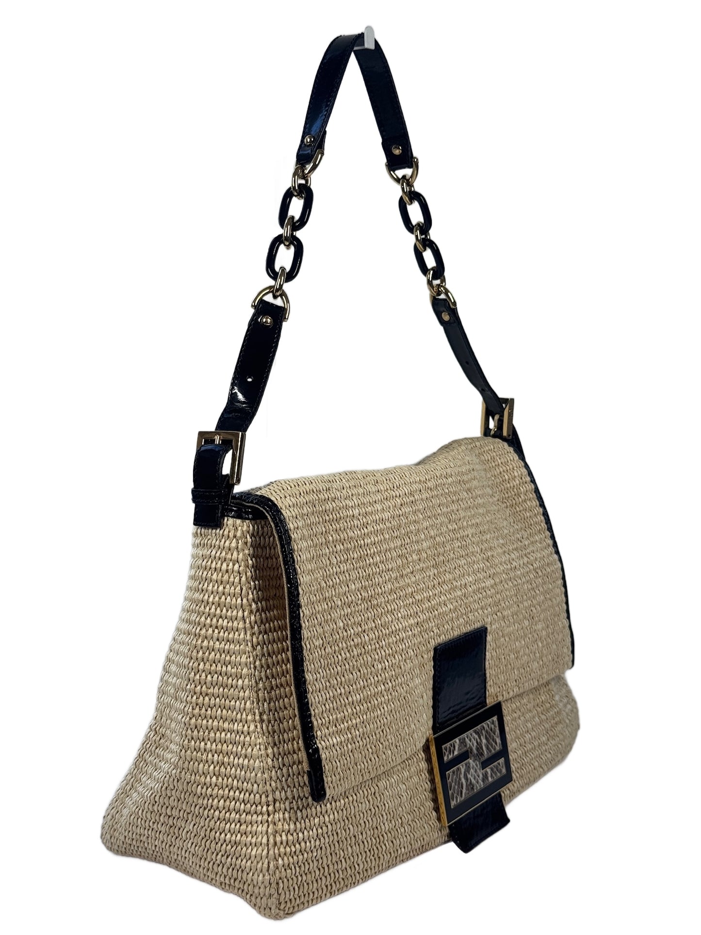 Fendi Vintage Beige Raffia Black Snakeskin Patent Leather Trim XL Mamma Baguette Shoulder Bag