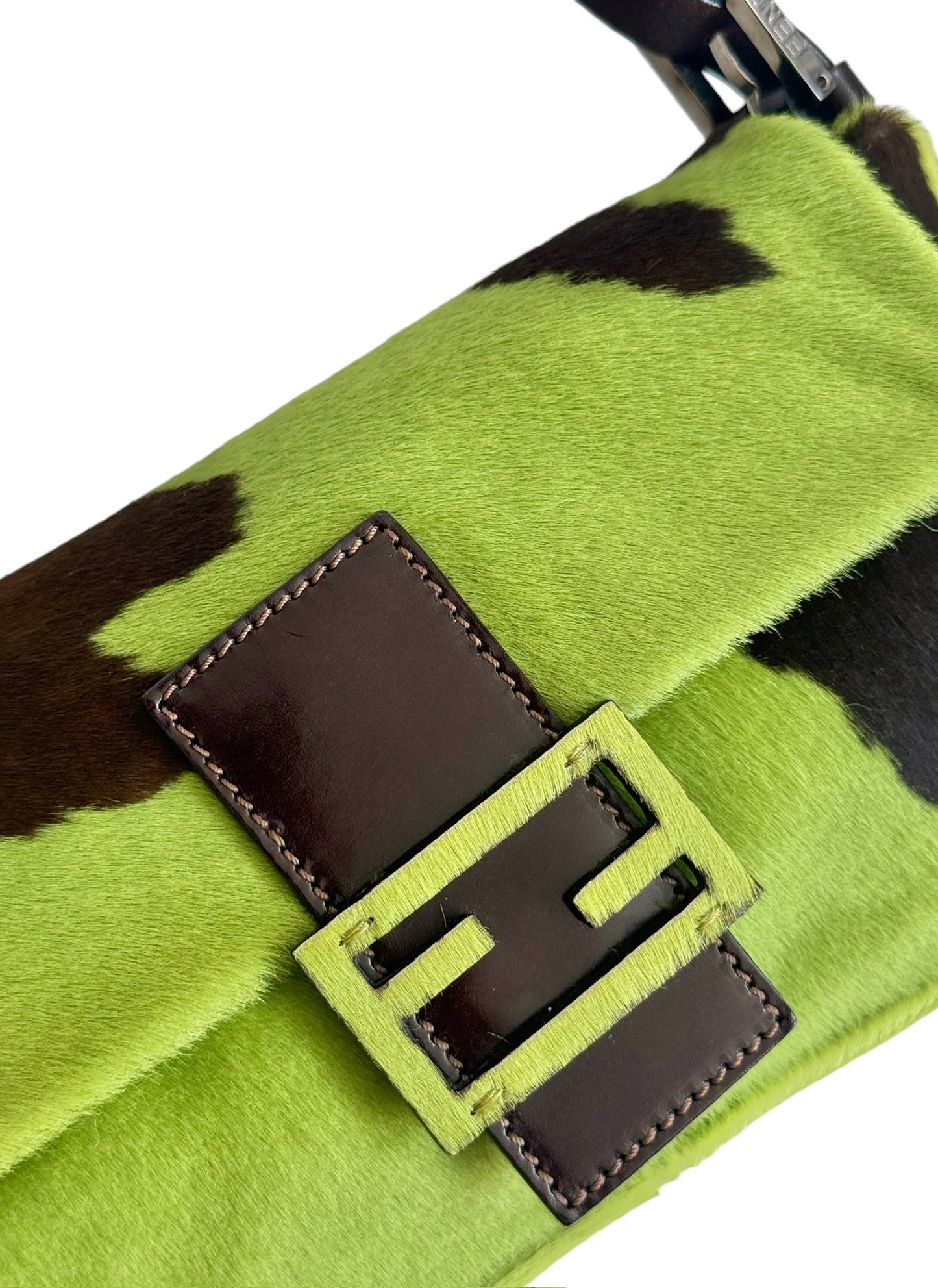 Fendi Vintage Green Cow Print Pony Hair Shoulder Baguette Bag