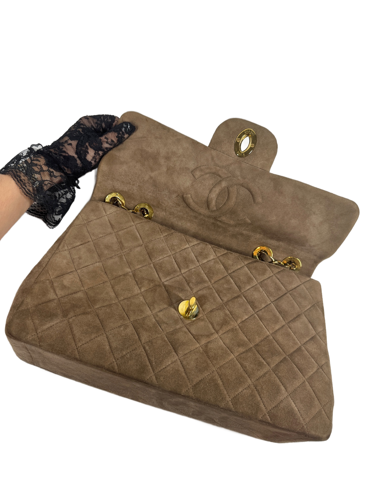 Chanel Vintage 90s Brown Quilted Suede Jumbo CC Shoulder Classic Single Flap Bag