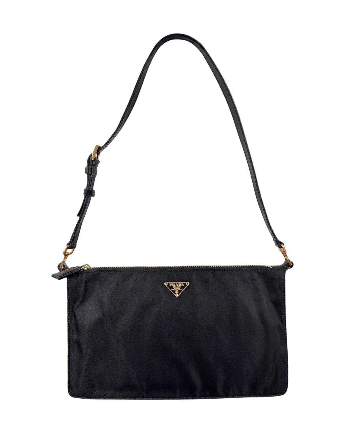 Prada Vintage Black Nylon Rectangular Small Shoulder Pochette Bag with Buckle GHW