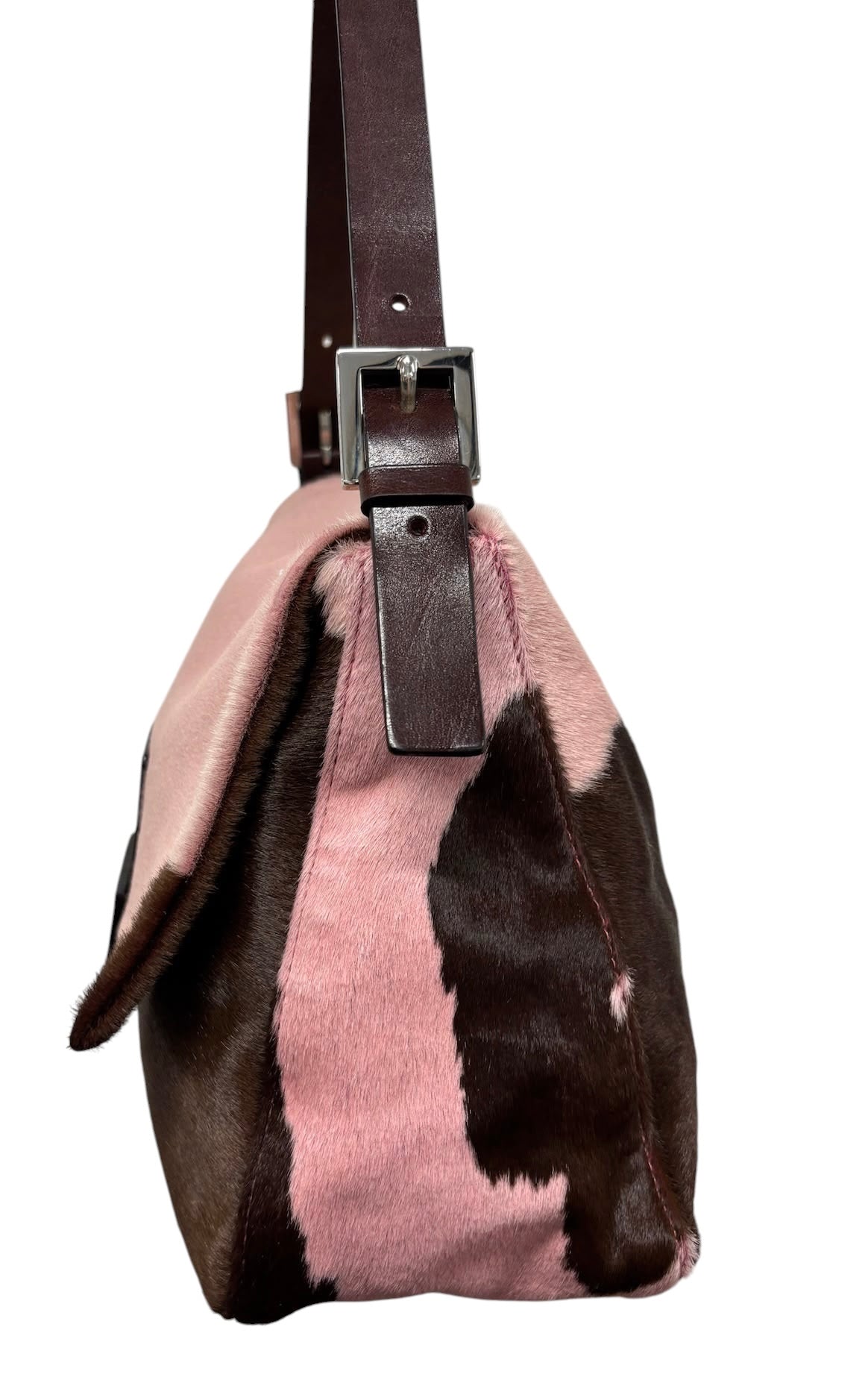 Fendi Vintage Pink & Brown Cow Print Pony Hair Mamma Baguette Shoulder Bag