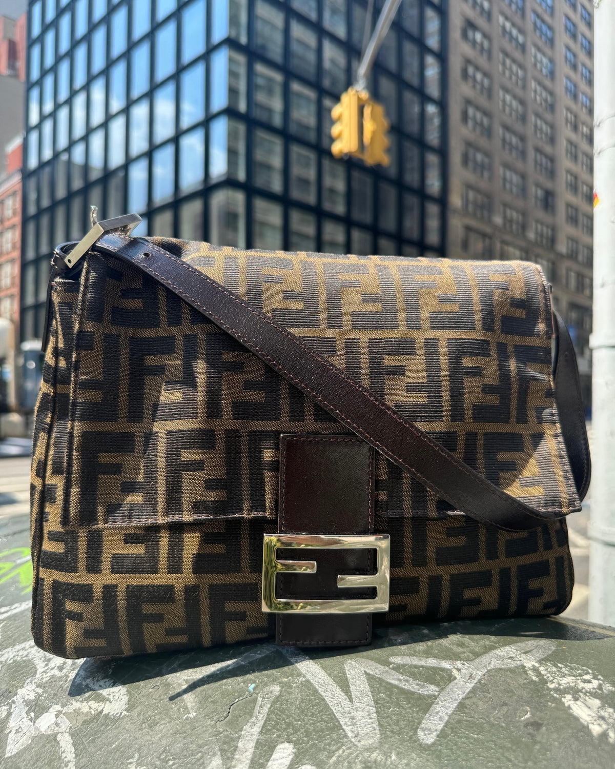 Fendi Vintage Brown Zucca Monogram Classic Mamma Shoulder Baguette Bag with SHW