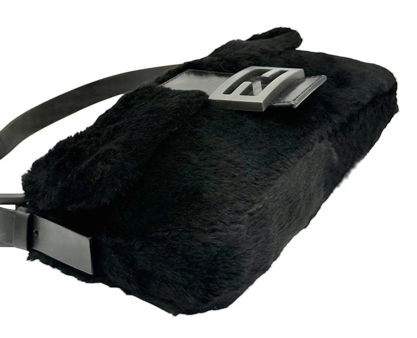 Fendi Vintage Black Rabbit Fur Shoulder Baguette Bag