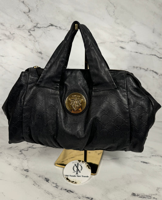 Gucci Vintage Black Embossed Leather GG Monogram Hysteria Top Handle Hobo Bag