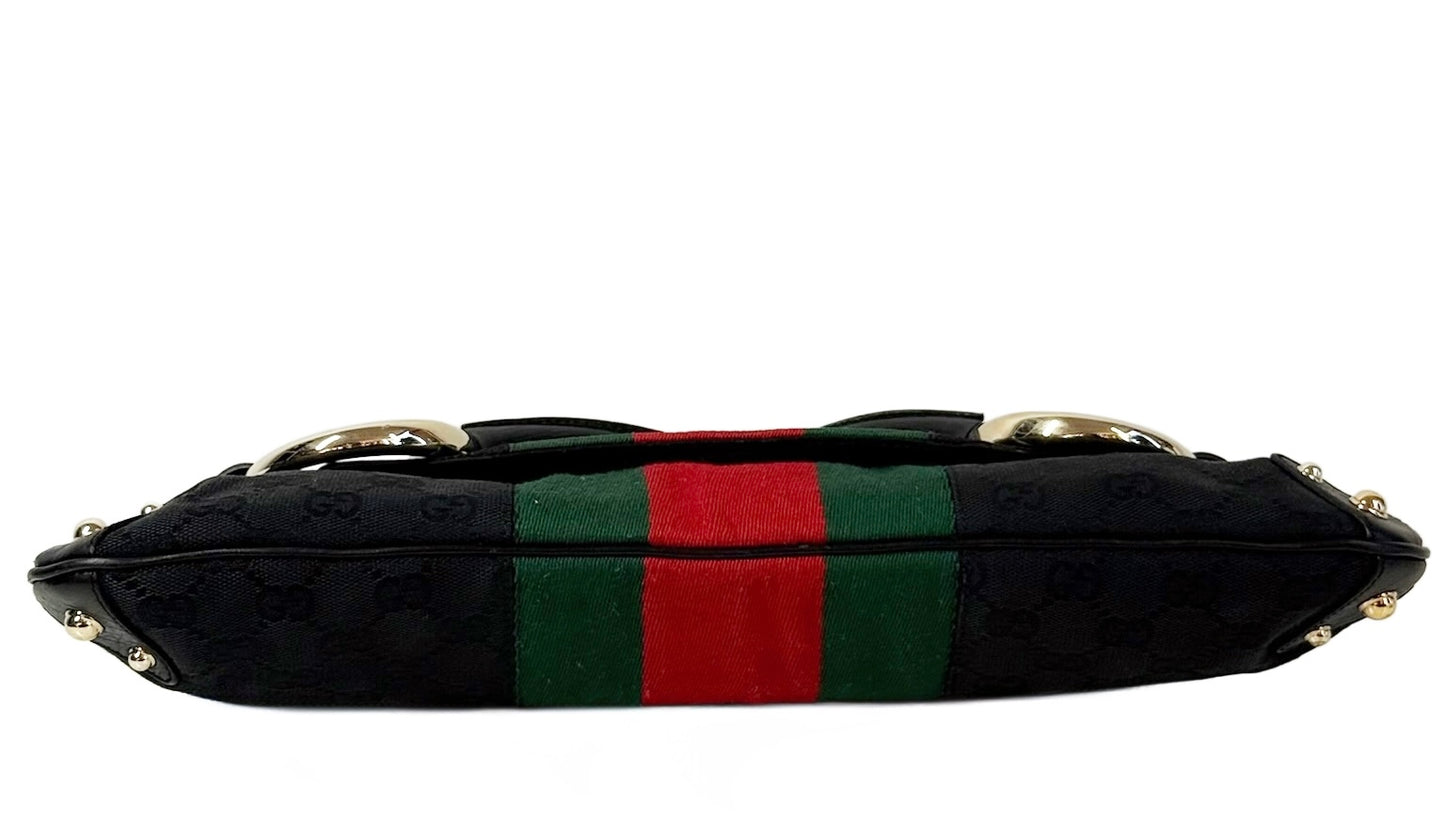 Gucci Vintage Black GG Monogram Webb Stripe Large Horsebit Chain Shoulder Clutch Bag