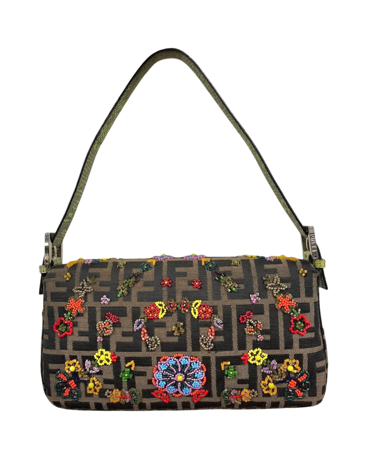 Fendi Vintage Brown Zucca Monogram Floral Beaded Green Lizard Trim Shoulder Baguette Bag