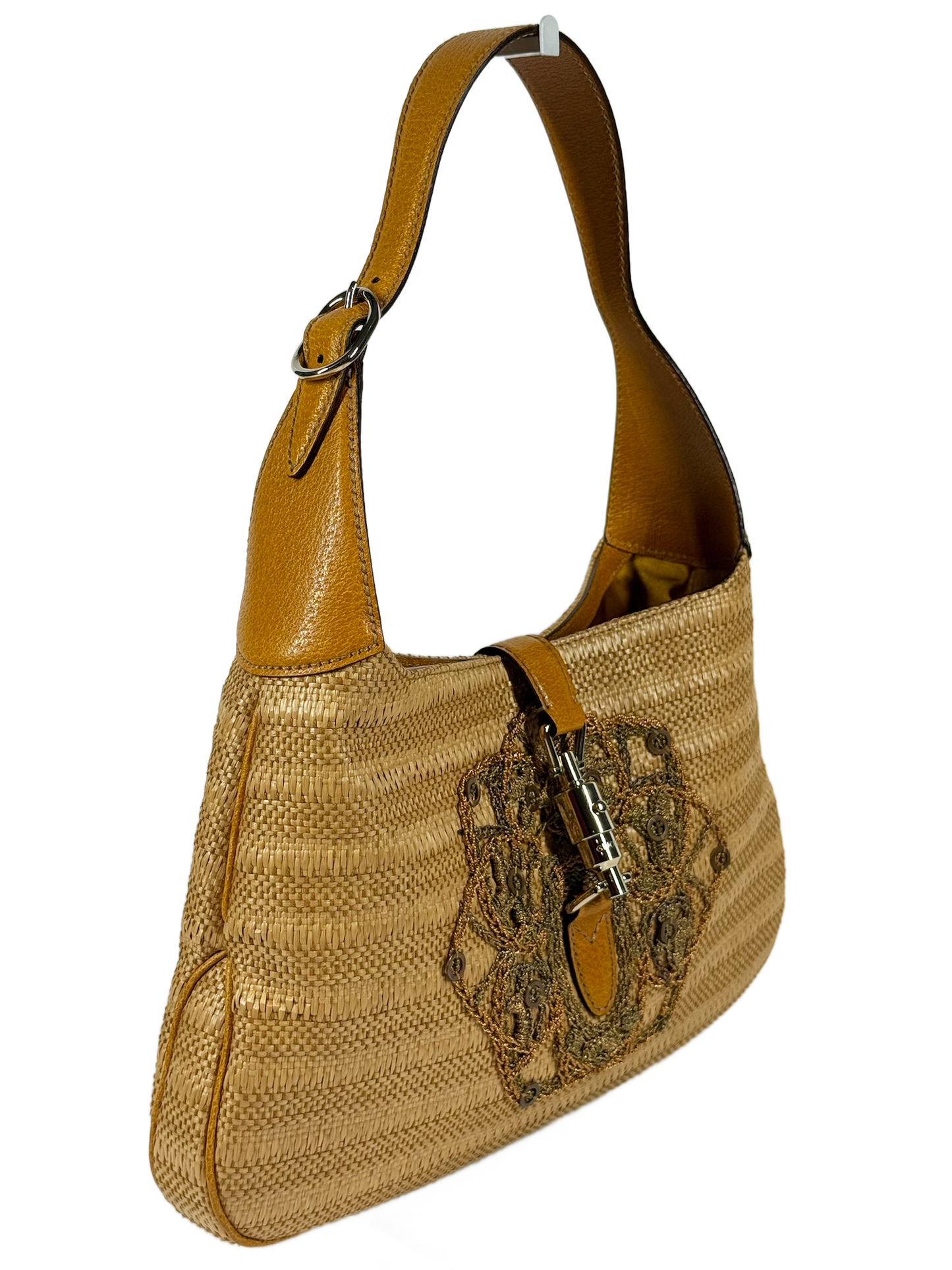 Gucci Vintage Embroidered Sequin Raffia Jackie Shoulder Bag w Gold Leather Trim