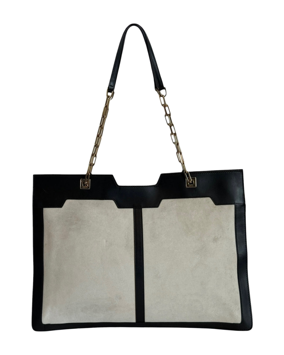 Gucci Vintage Beige Suede Black Leather Chain Link Medium Shoulder Tote Bag