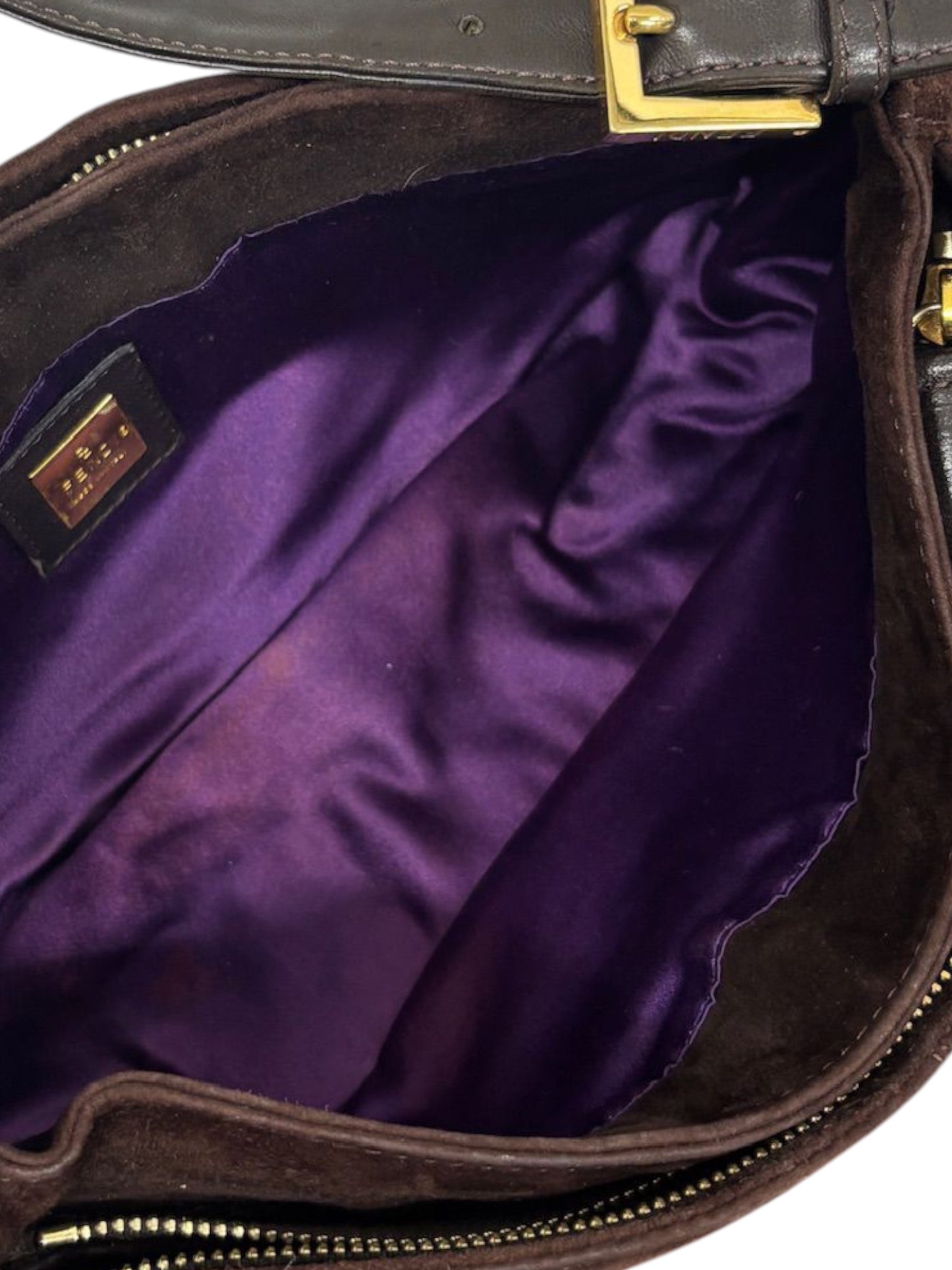 Fendi Vintage Brown Suede Purple Glitter Logo Shoulder Flap Baguette Bag 