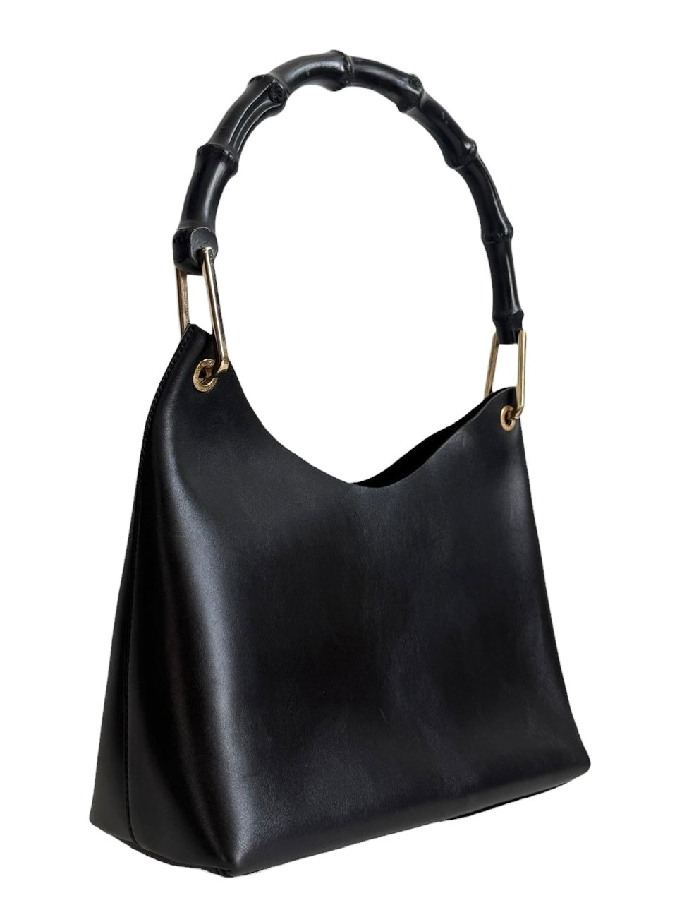 Gucci Vintage Black Smooth Leather Bamboo Handle Small Hobo Shoulder Bag with Pouch