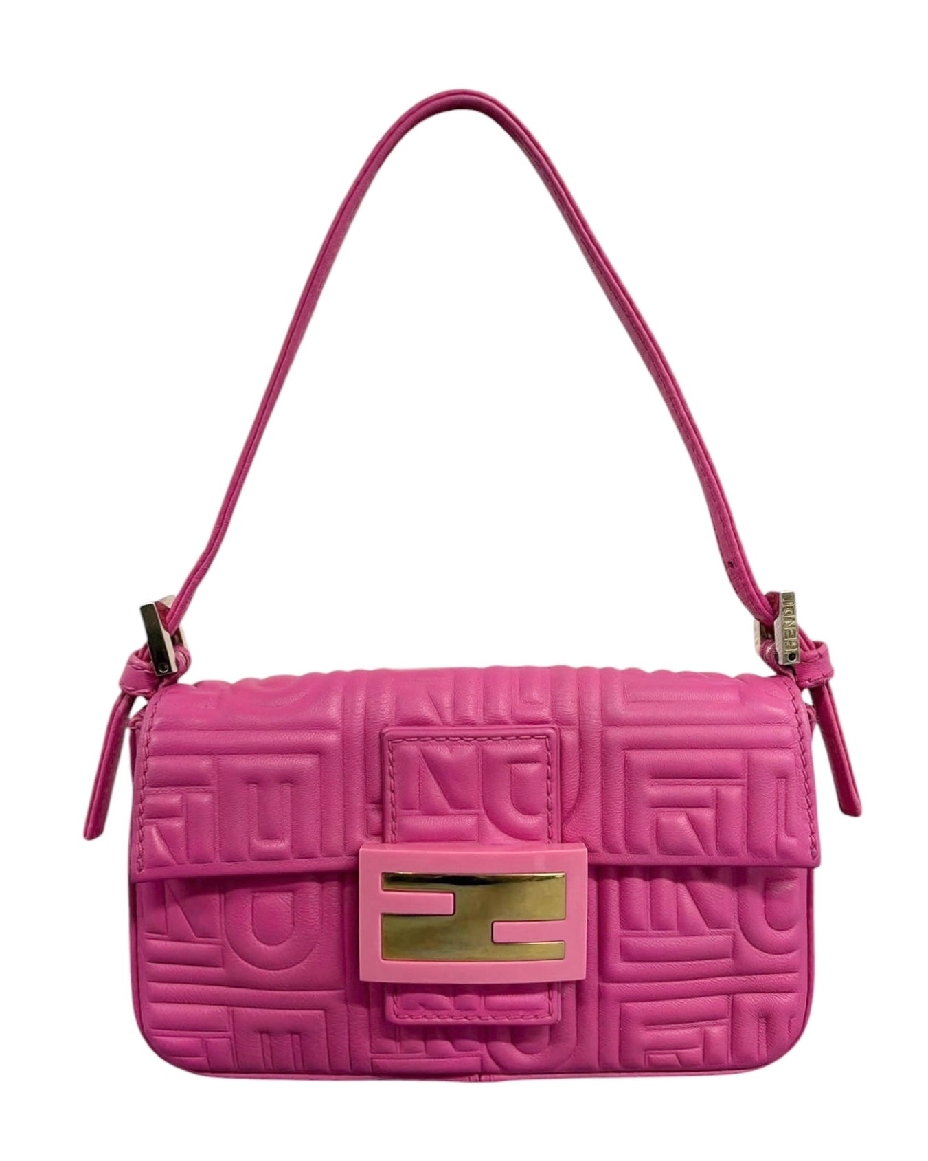 Fendi Pink Embossed Nappa Leather Logo Mini Shoulder Baguette Bag