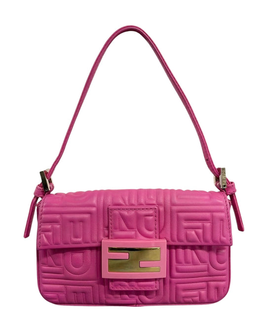Fendi Pink Embossed Nappa Leather Logo Mini Shoulder Baguette Bag