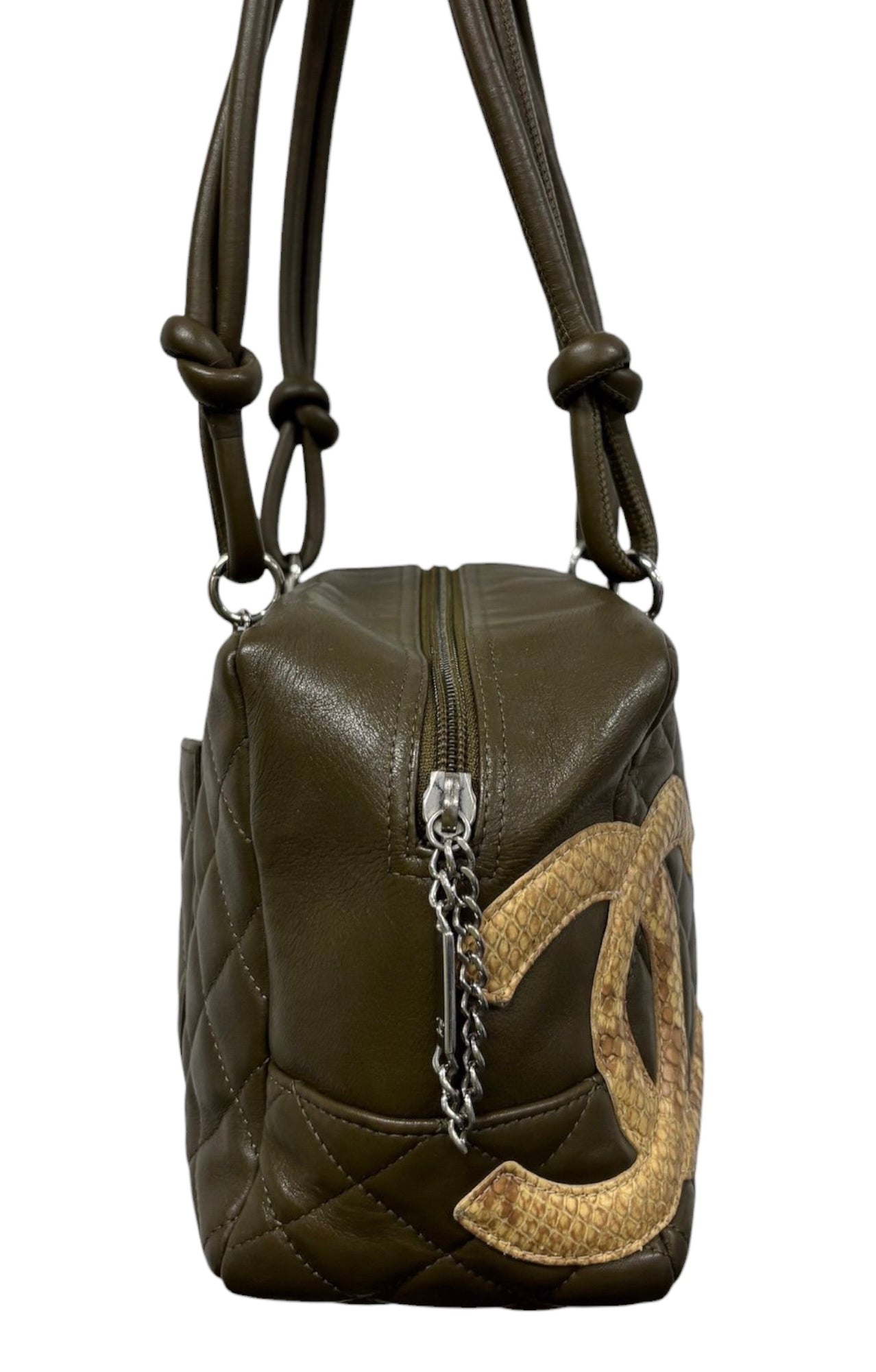 Chanel Vintage 2005 Khaki Green Quilted Lambskin Python CC Logo Cambon Bowler Shoulder Bag