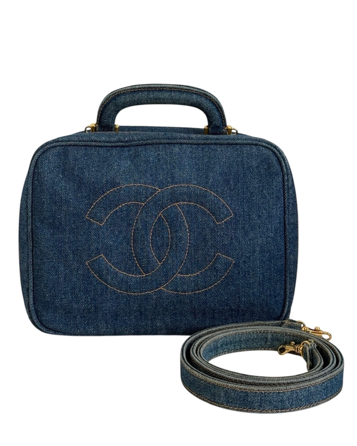 Chanel Vintage 90s Two-Way Denim CC Top Handle Vanity Case w Shoulder Crossbody Strap