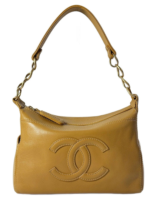 Chanel Vintage 00s Beige Caviar Leather Timeless CC Chain Shoulder Bag