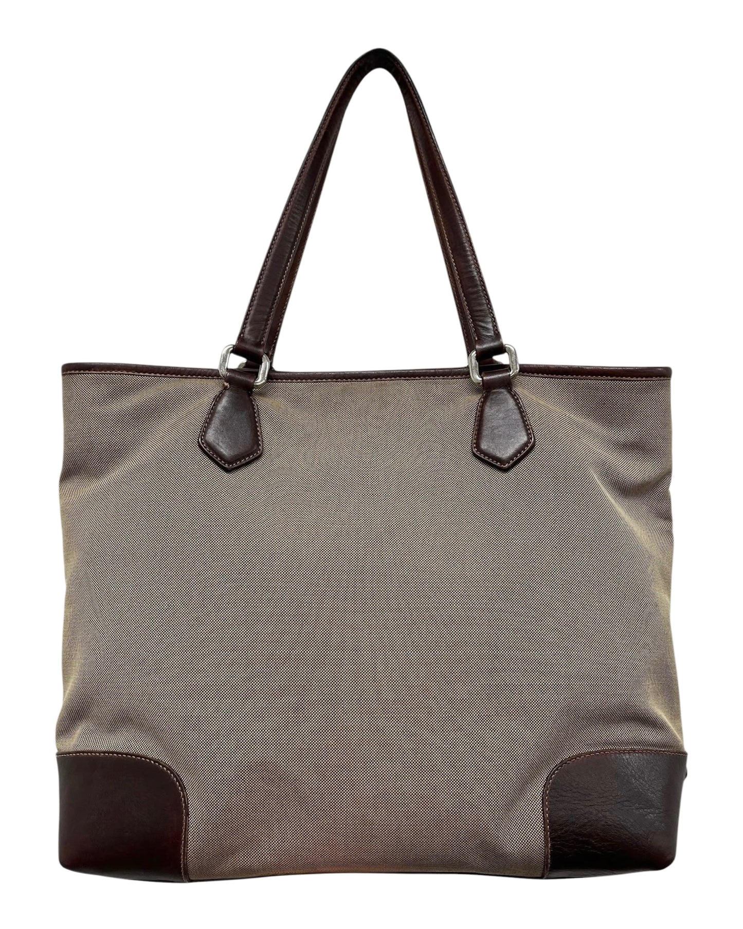 Prada Vintage Light Brown Jacquard Canapa Canvas Large Shoulder Tote Bag with Leather Trim 