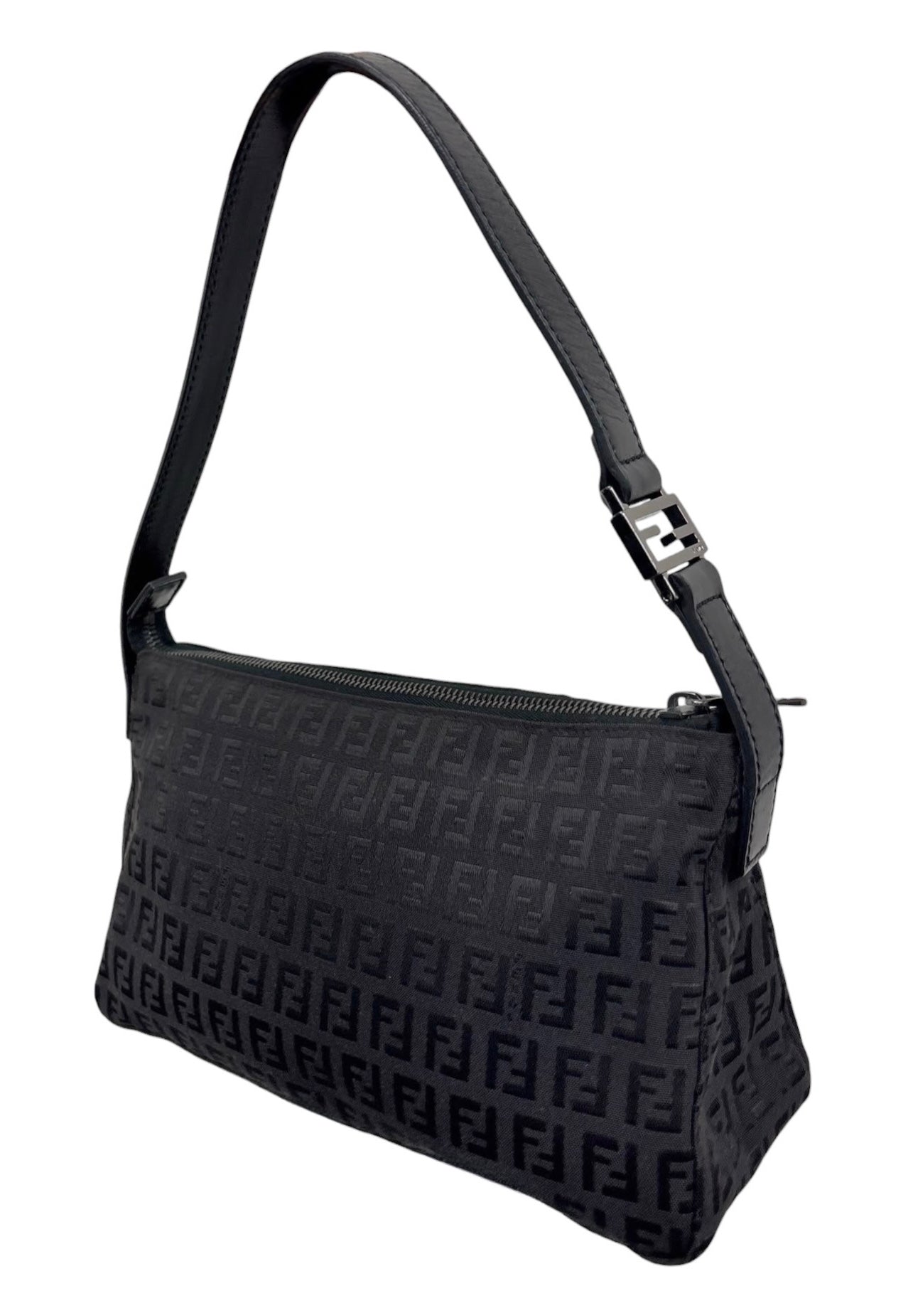 Fendi Vintage Black Zucchino Zucca Monogram Medium Shoulder Pochette Bag