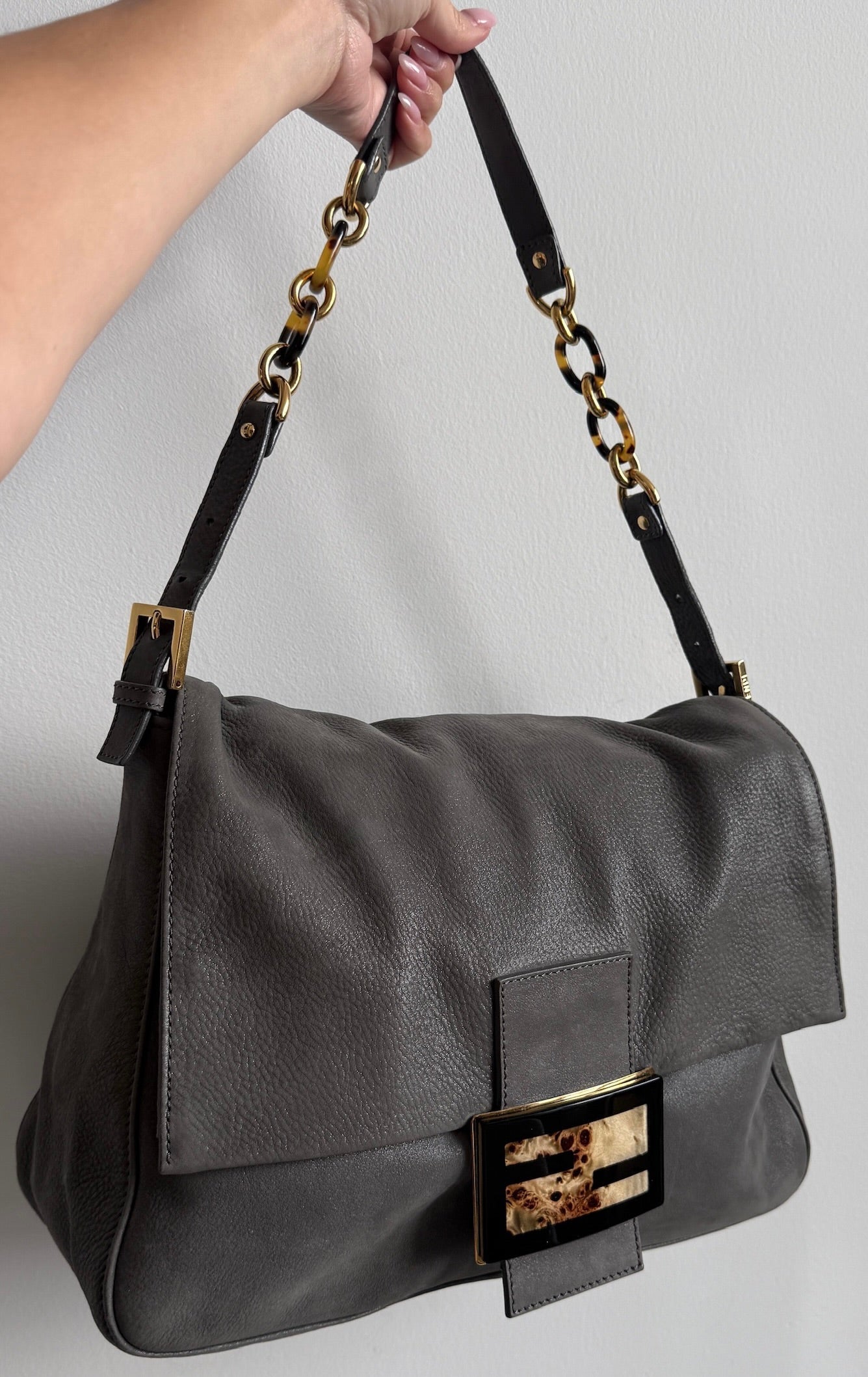 Fendi Vintage Dark Gray Micro Suede XL Mamma Baguette with Marble Logo