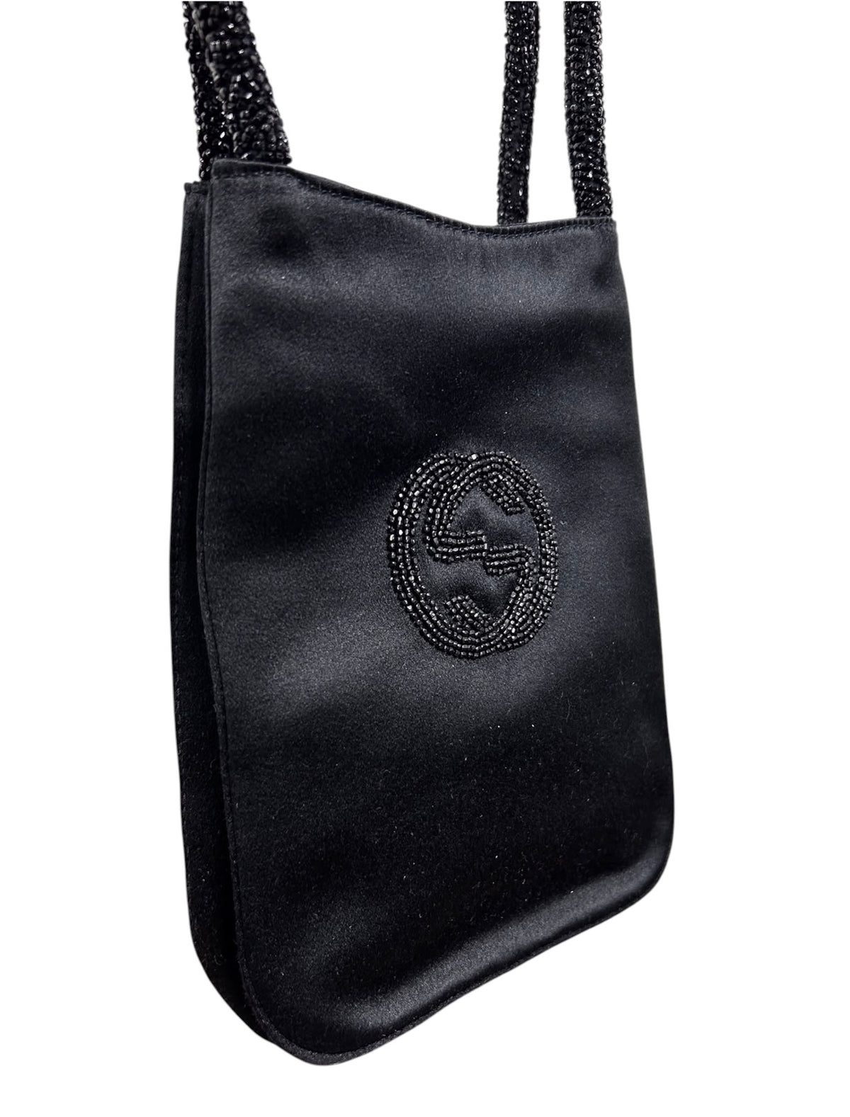 Gucci Vintage Black Satin GG Beaded Mini Evening Bag