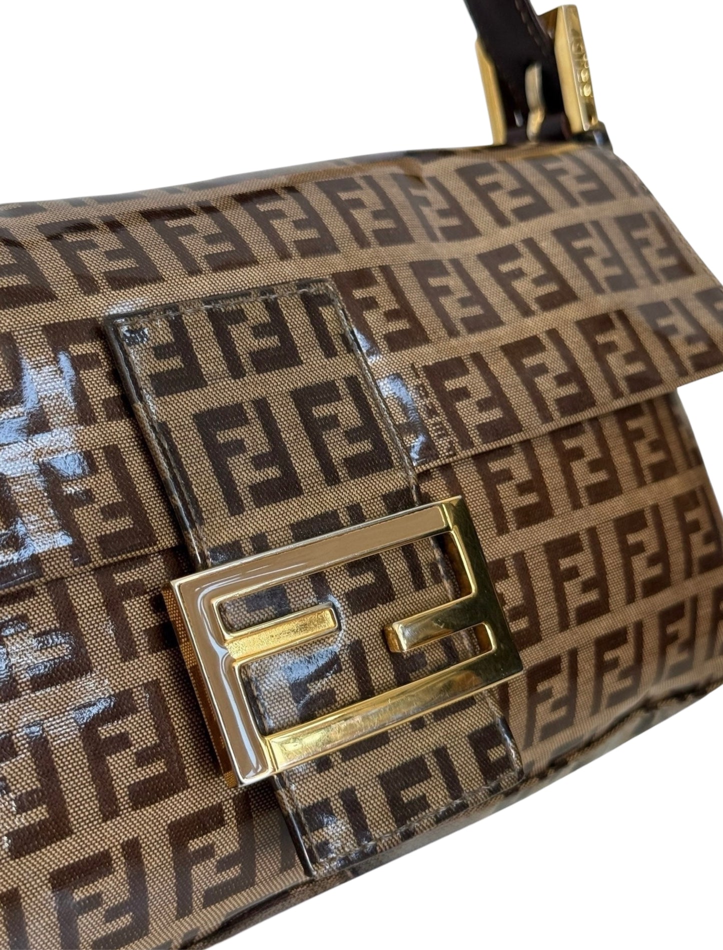 Fendi Vintage Coated Light Brown Zucchinno Zucca Monogram Shoulder Baguette Bag with Gold Enamel Logo