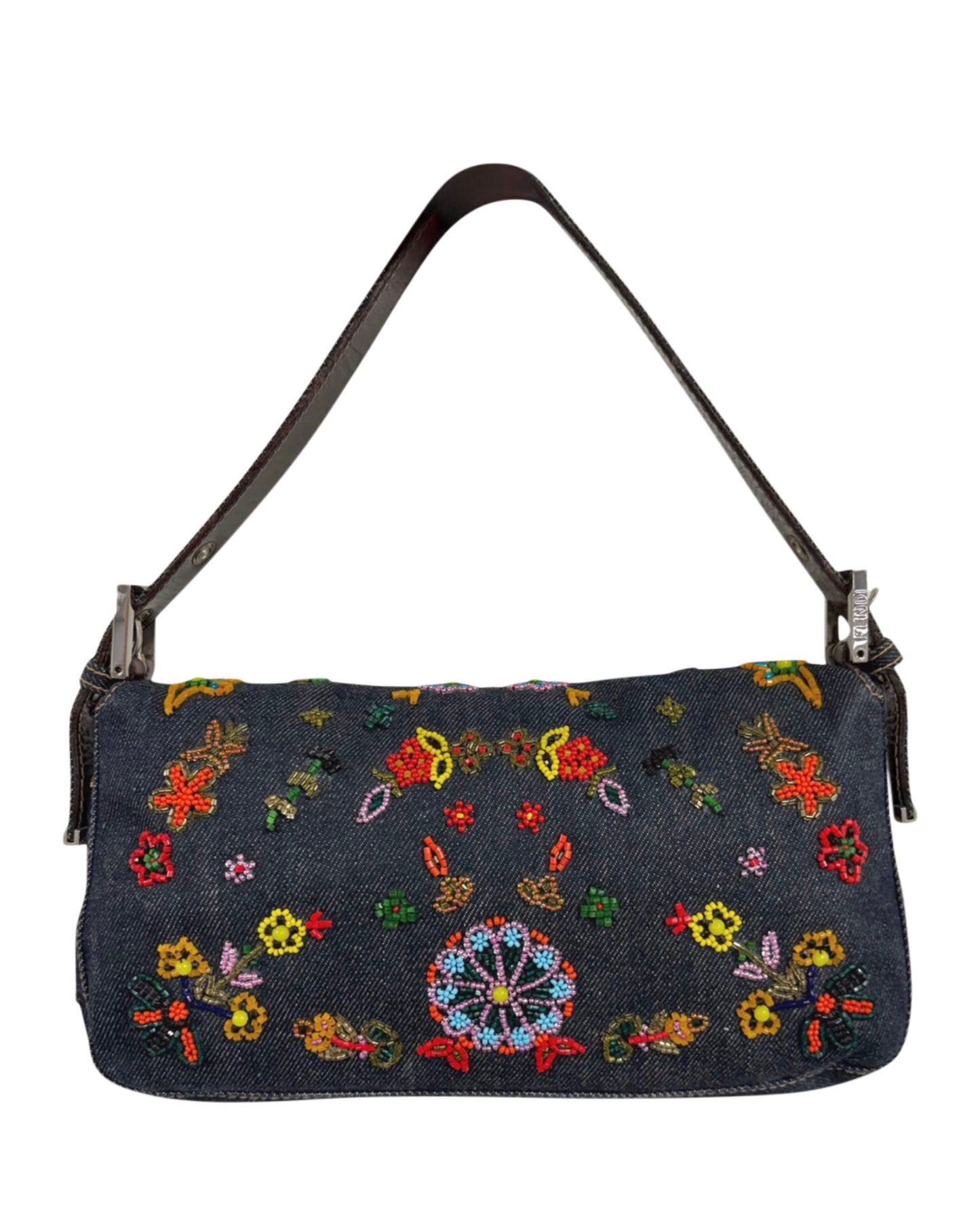 Fendi Vintage Blue Denim Floral Embroidered Beaded Shoulder Baguette Bag