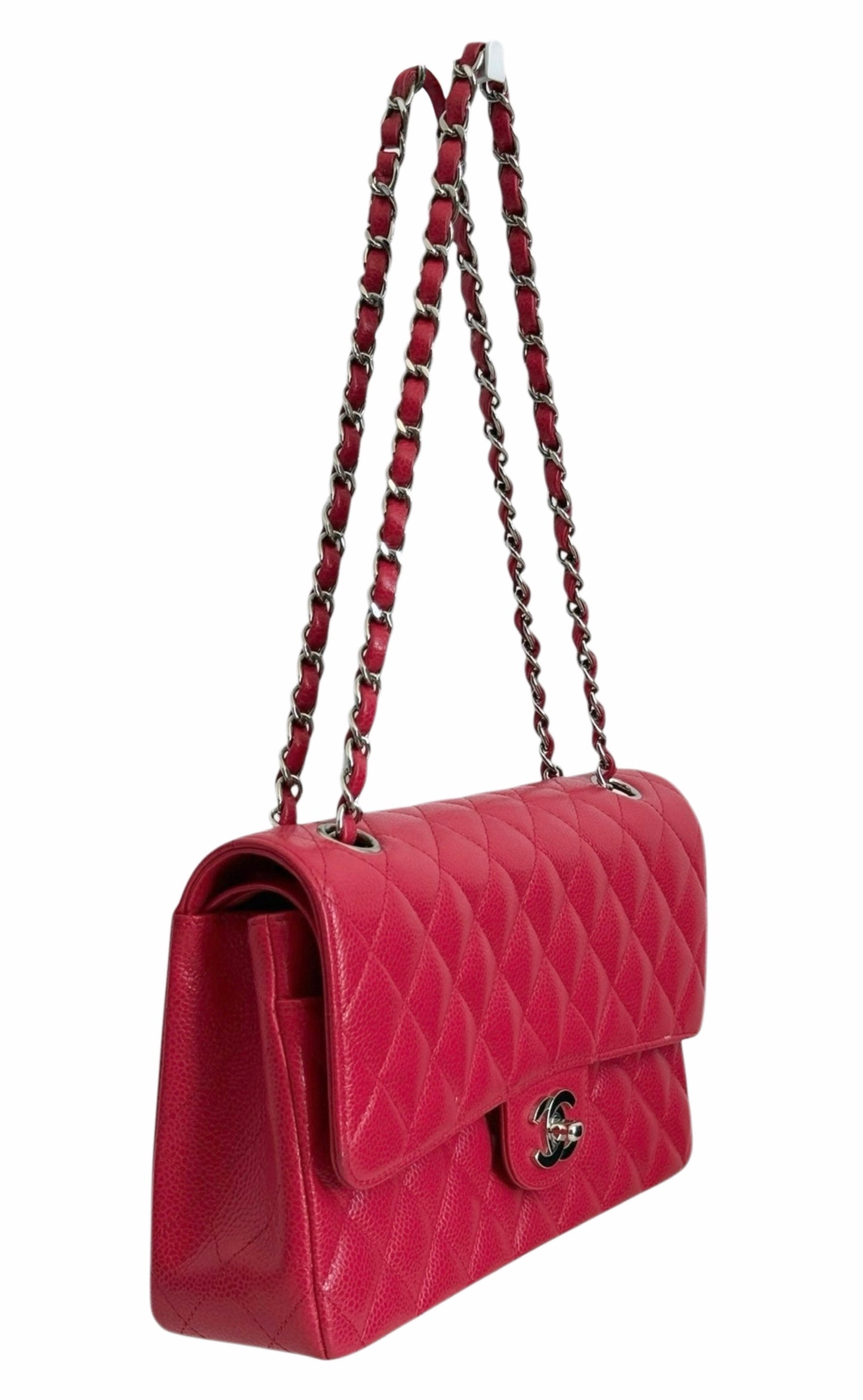 Chanel Vintage 00s Hot Fuchsia Pink Quilted Caviar Medium Classic Double Flap Bag Flap with Silver Hardware
