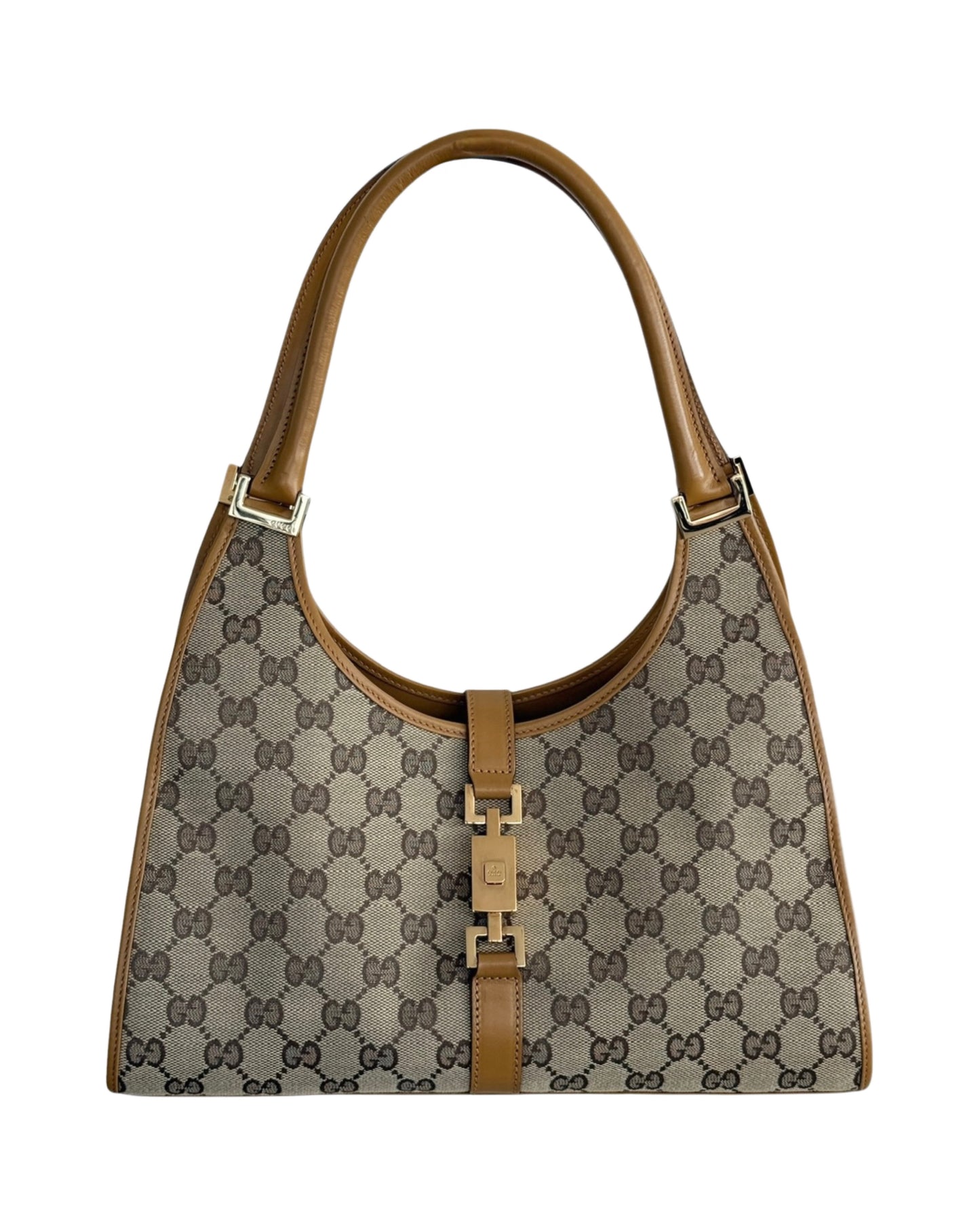 Gucci Vintage Brown GG Monogram Light Brown Leather Trim Medium Jackie Shoulder Bag