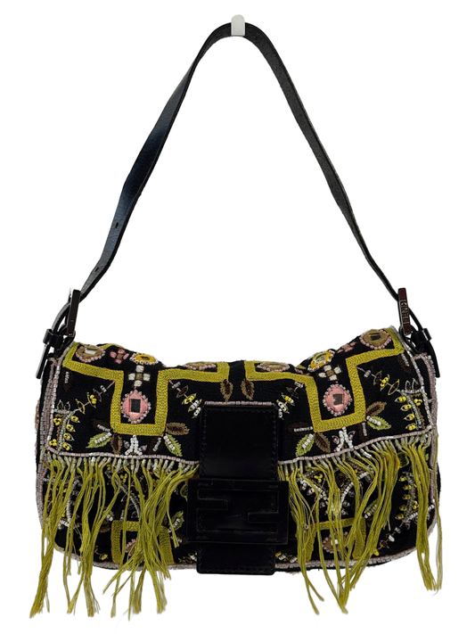 Fendi Vintage Black Knit Embroidered Pink Beaded Green Fringe Baguette Shoulder Bag