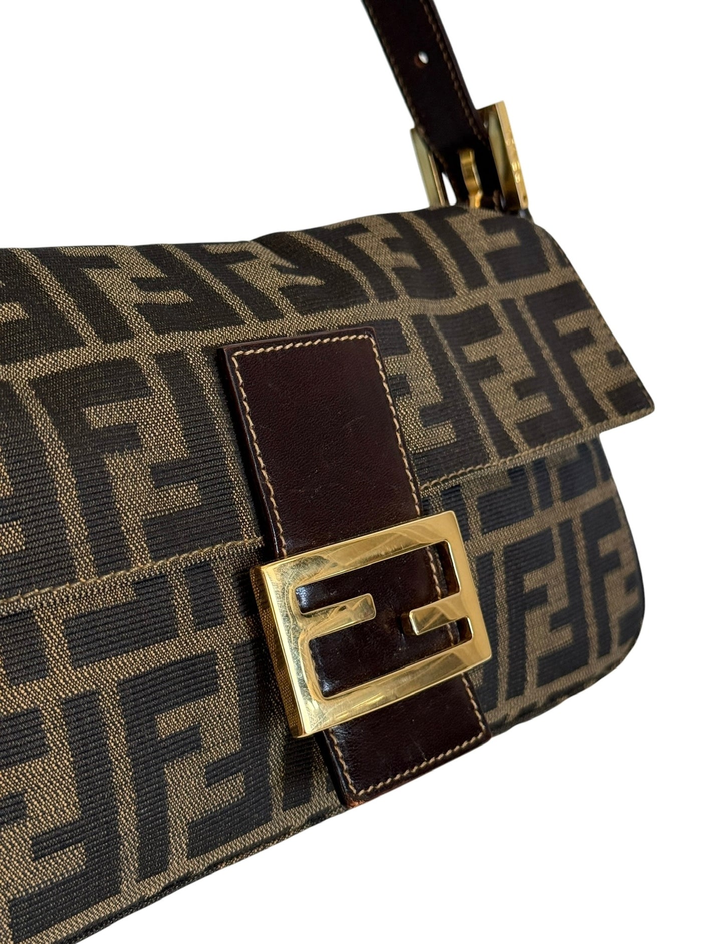Fendi Vintage Brown Zucca Monogram Classic Shoulder Bag Baguette with Gold Hardware