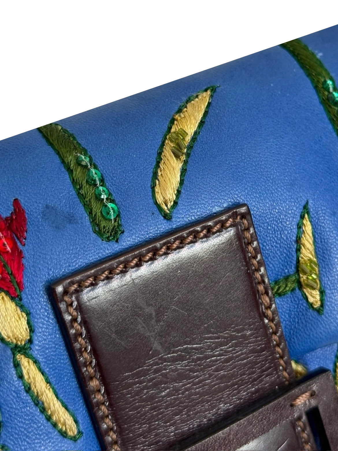 Fendi Vintage Blue Lambskin Floral Embroirdered Beaded Sequin Shoulder Baguette Bag 