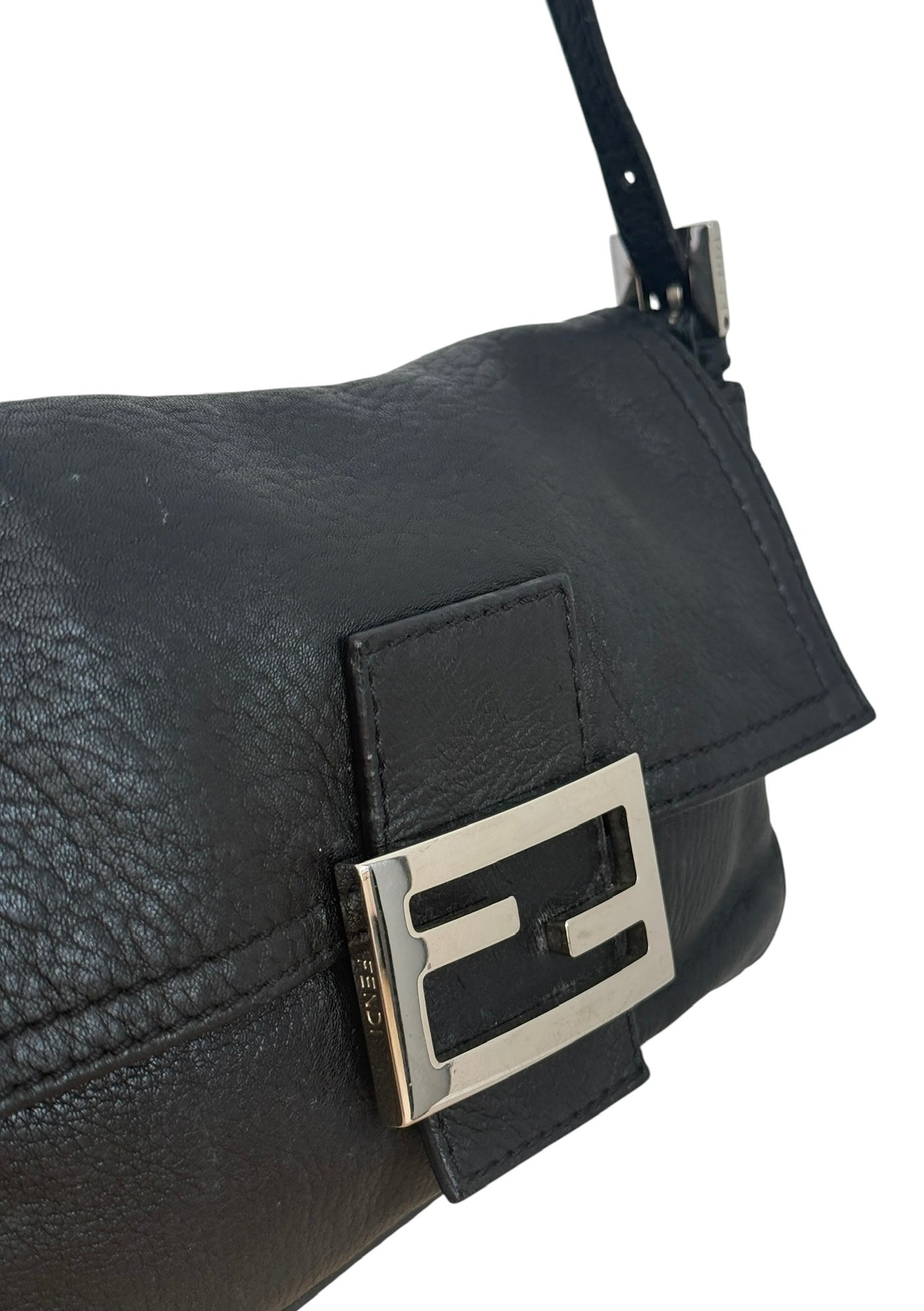 Fendi Vintage Black Selleria Leather Mini Mamma Shoulder Baguette Bag
